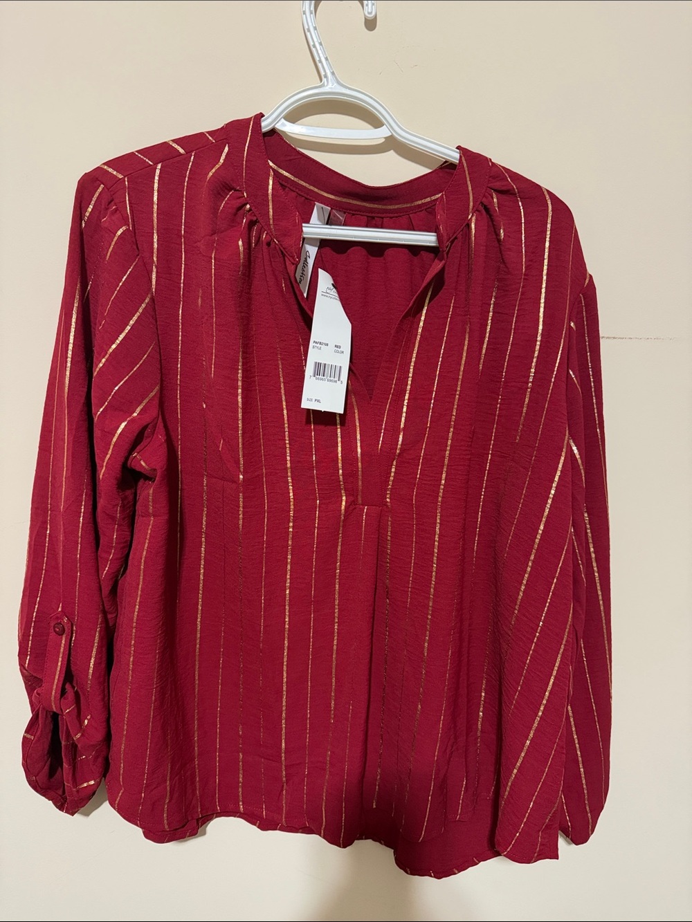NY Collection Red Blouse with Metallic Gold Pinstripes